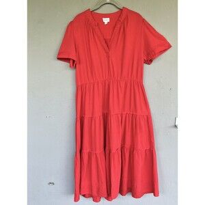 For Cynthia Tiered Midi Dress XL Coral Linen Blend A Line Split Neck Boho Coasta